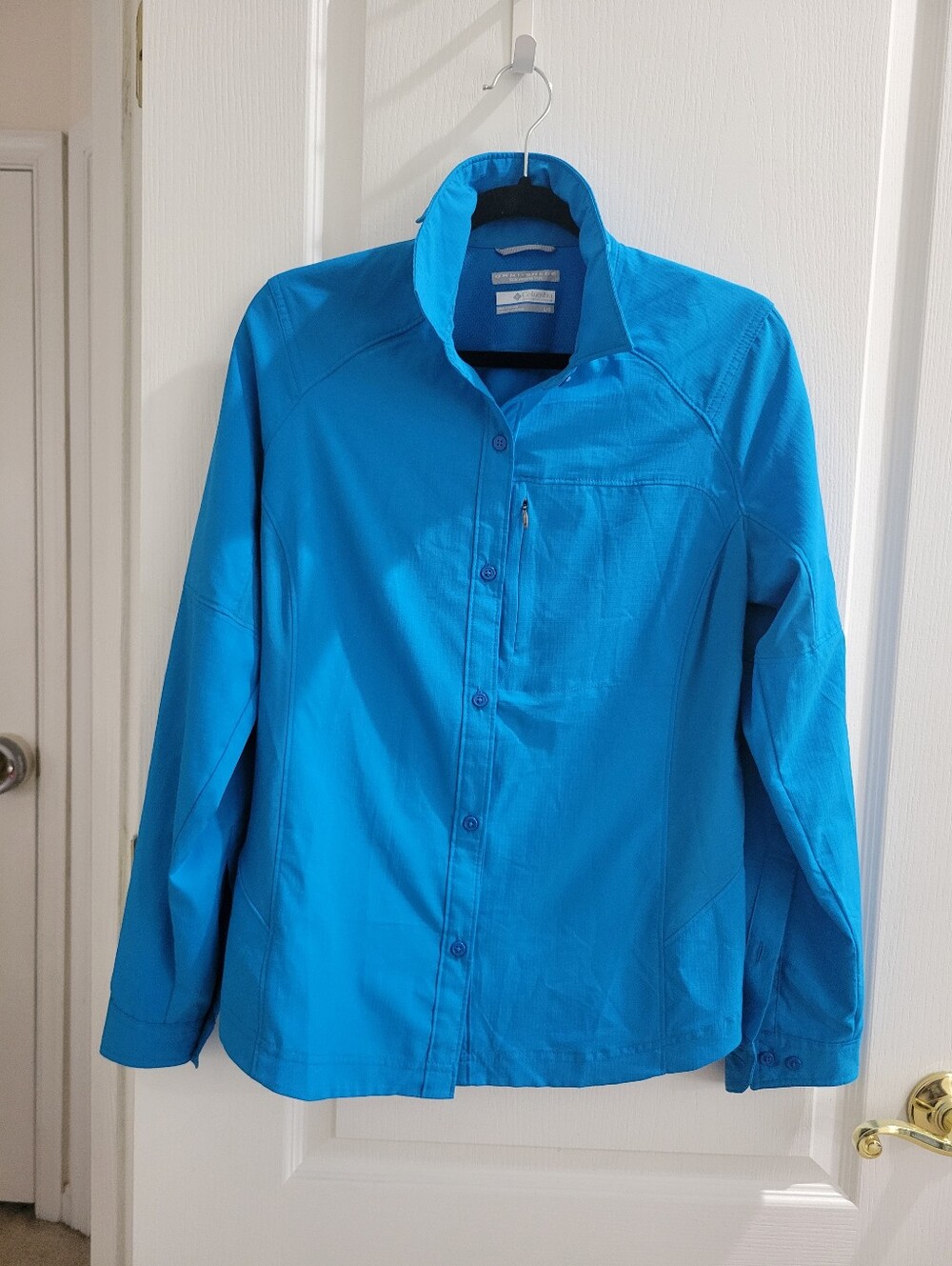Columbia Womens L Large Blue Omni-Shade Long Sleeve Hiking Camping Shirt Vented